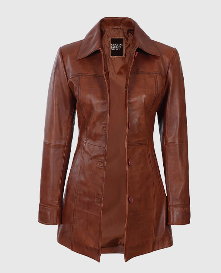 Women's Cognac Brown Leather Coat