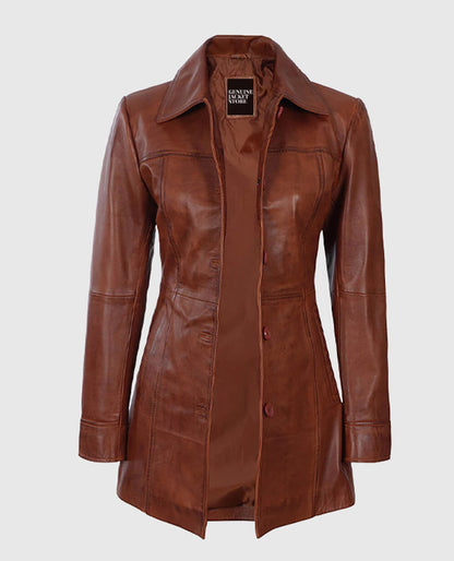 Women's Cognac Brown Leather Coat