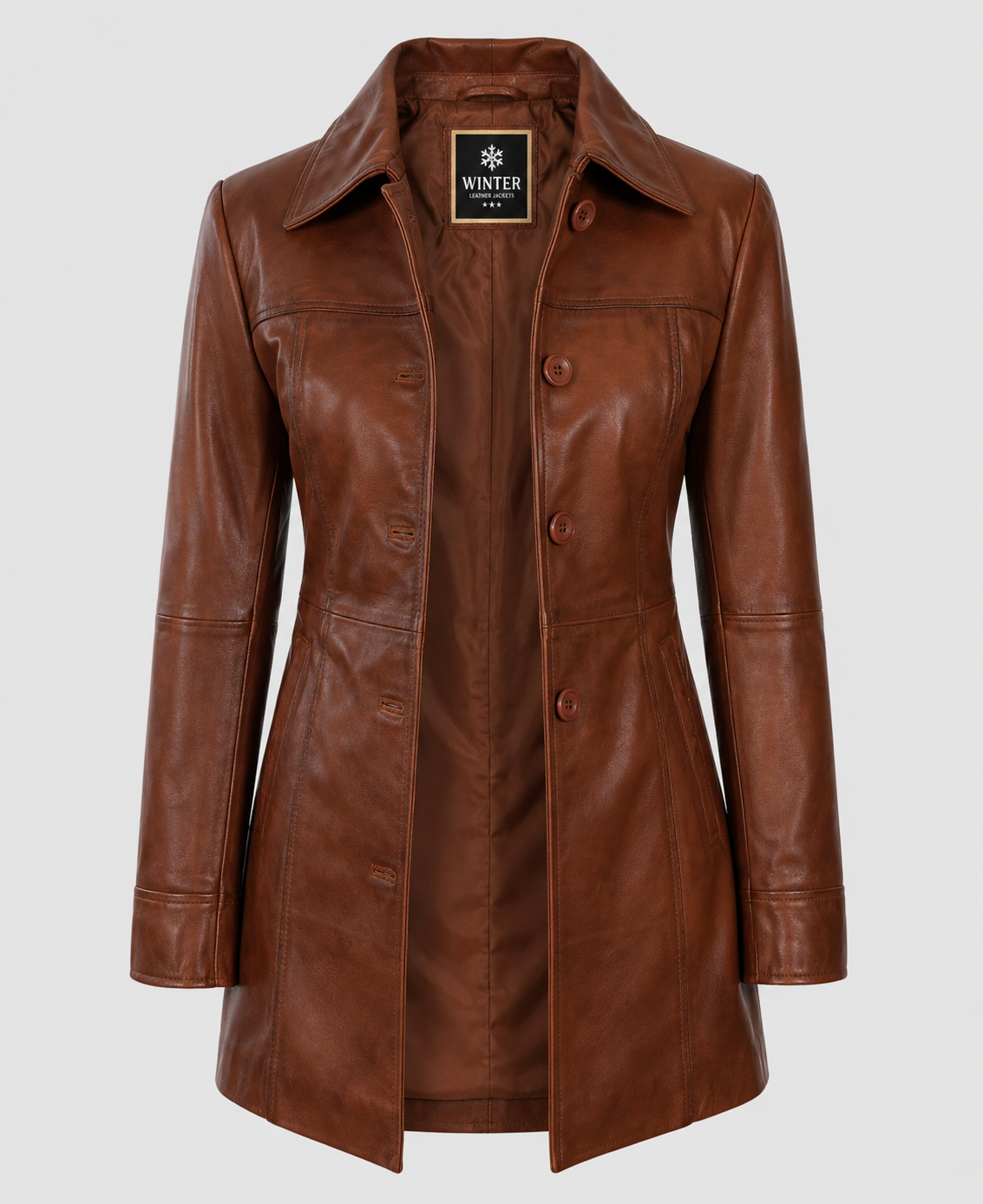 Women's Cognac Brown Long Leather Coat