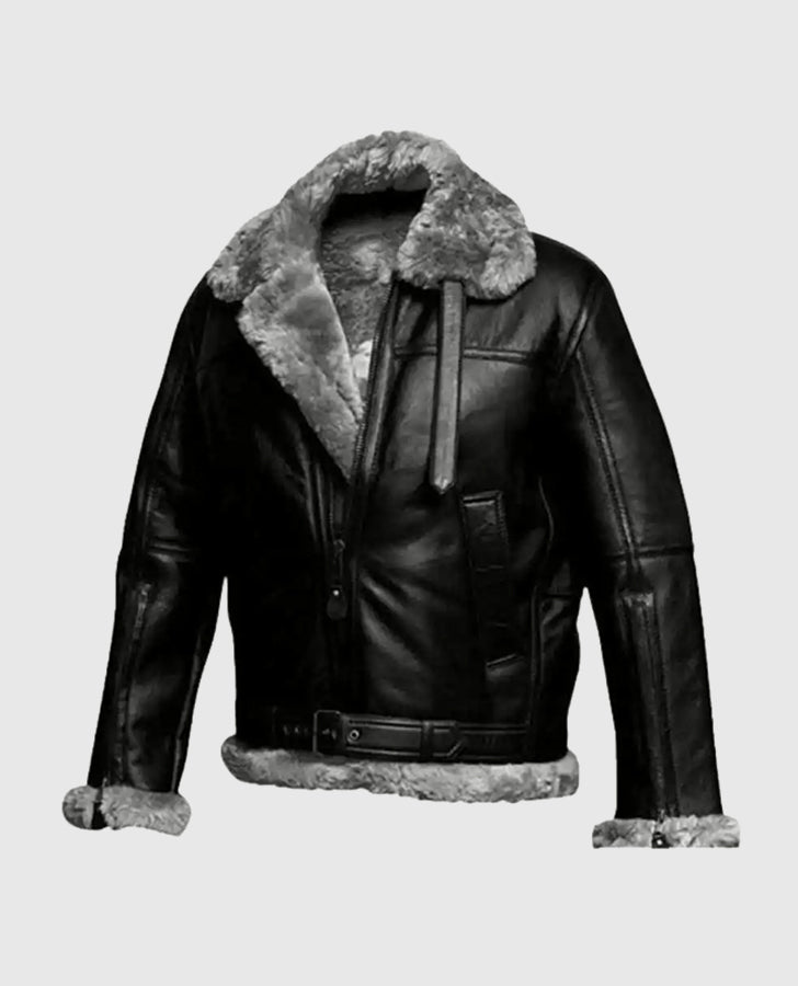 Men's Fur Aviator Flying Pilot Black Bomber Jacket