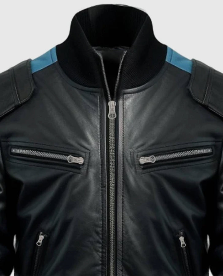 Men's Black Blue Leather Bomber Jacket
