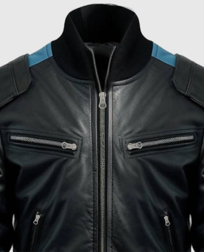 Men's Black Blue Leather Bomber Jacket