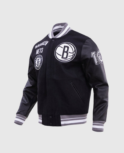 Men's NBA Brooklyn Nets Rib Wool Black Varsity Jacket
