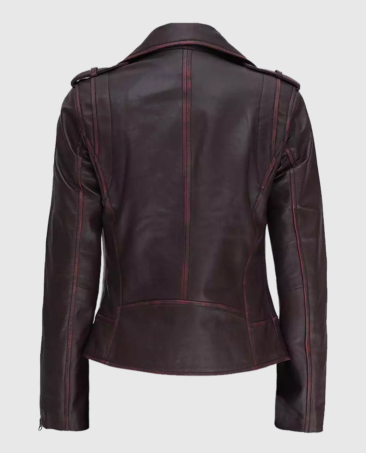 Women's Maroon Leather Motorcycle Jacket