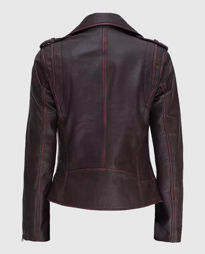Women's Maroon Leather Motorcycle Jacket