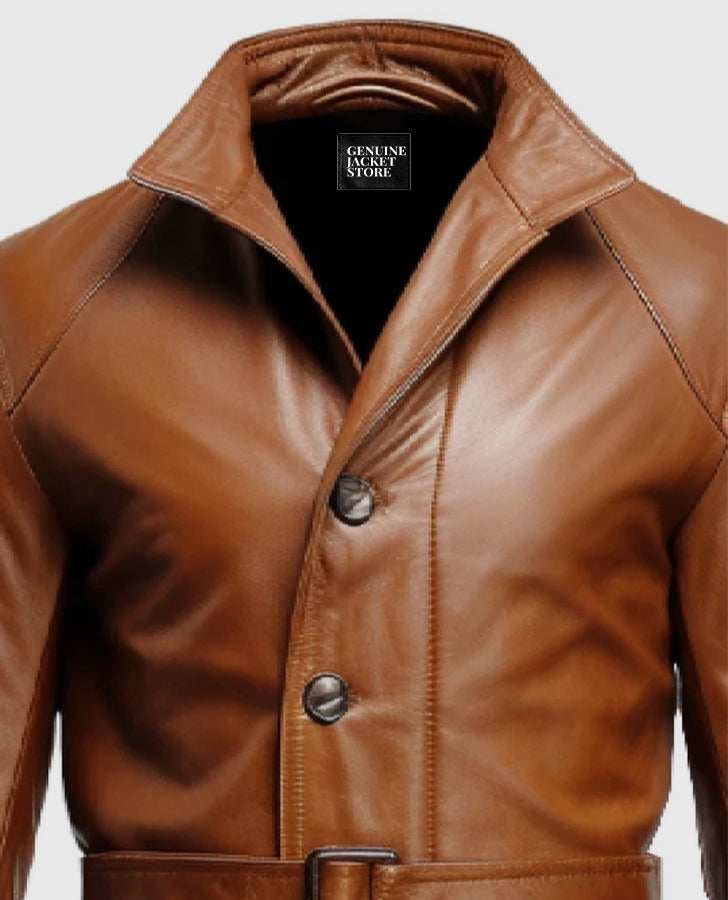 Men's Vintage Tan Brown Big Pockets Leather Coat