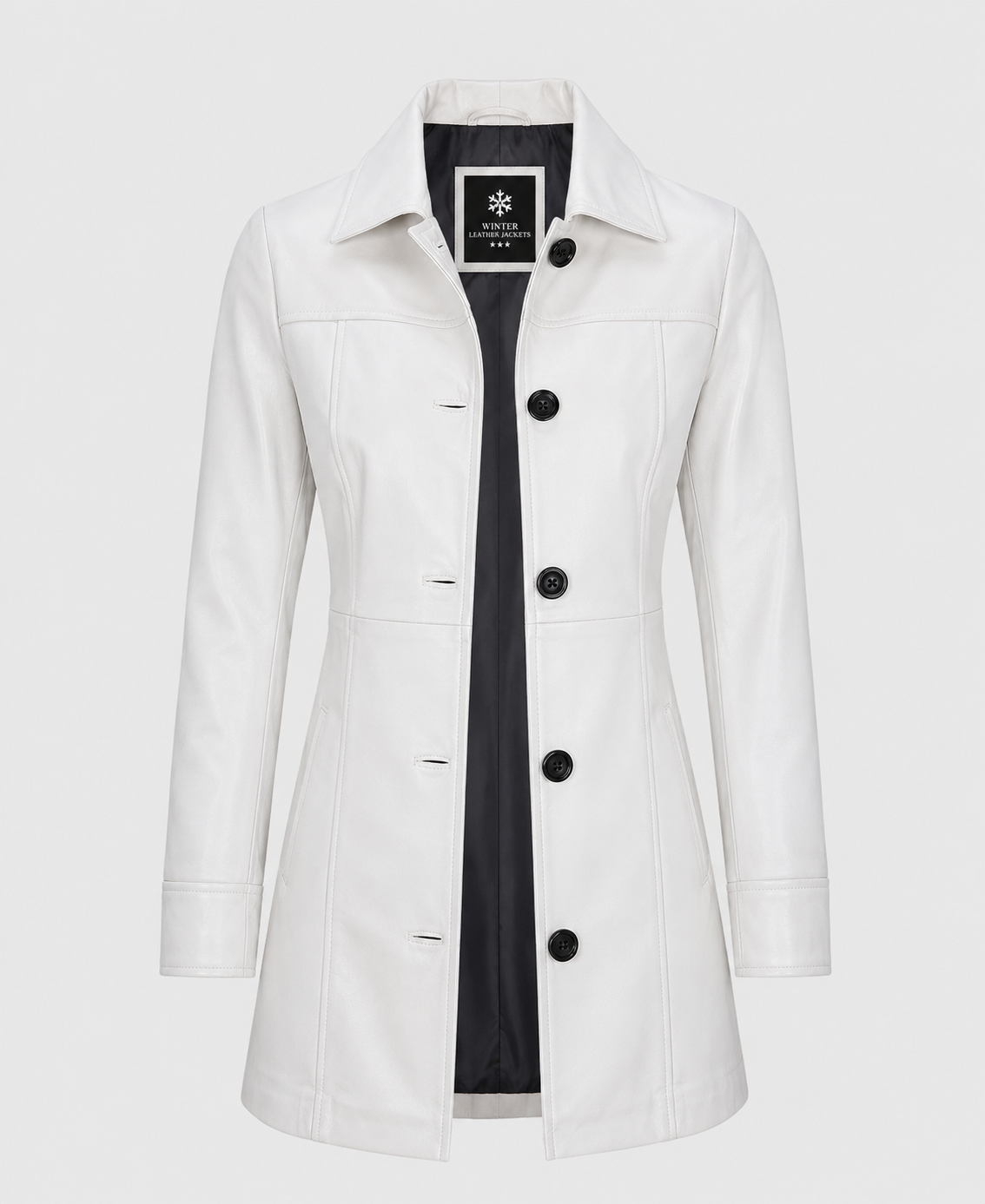 Women's White Mid Length Leather Coat