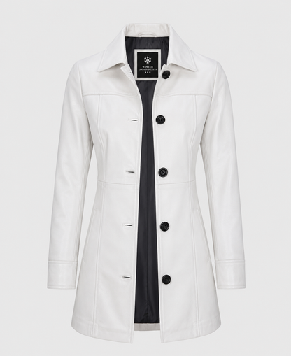 Women's White Mid Length Leather Coat