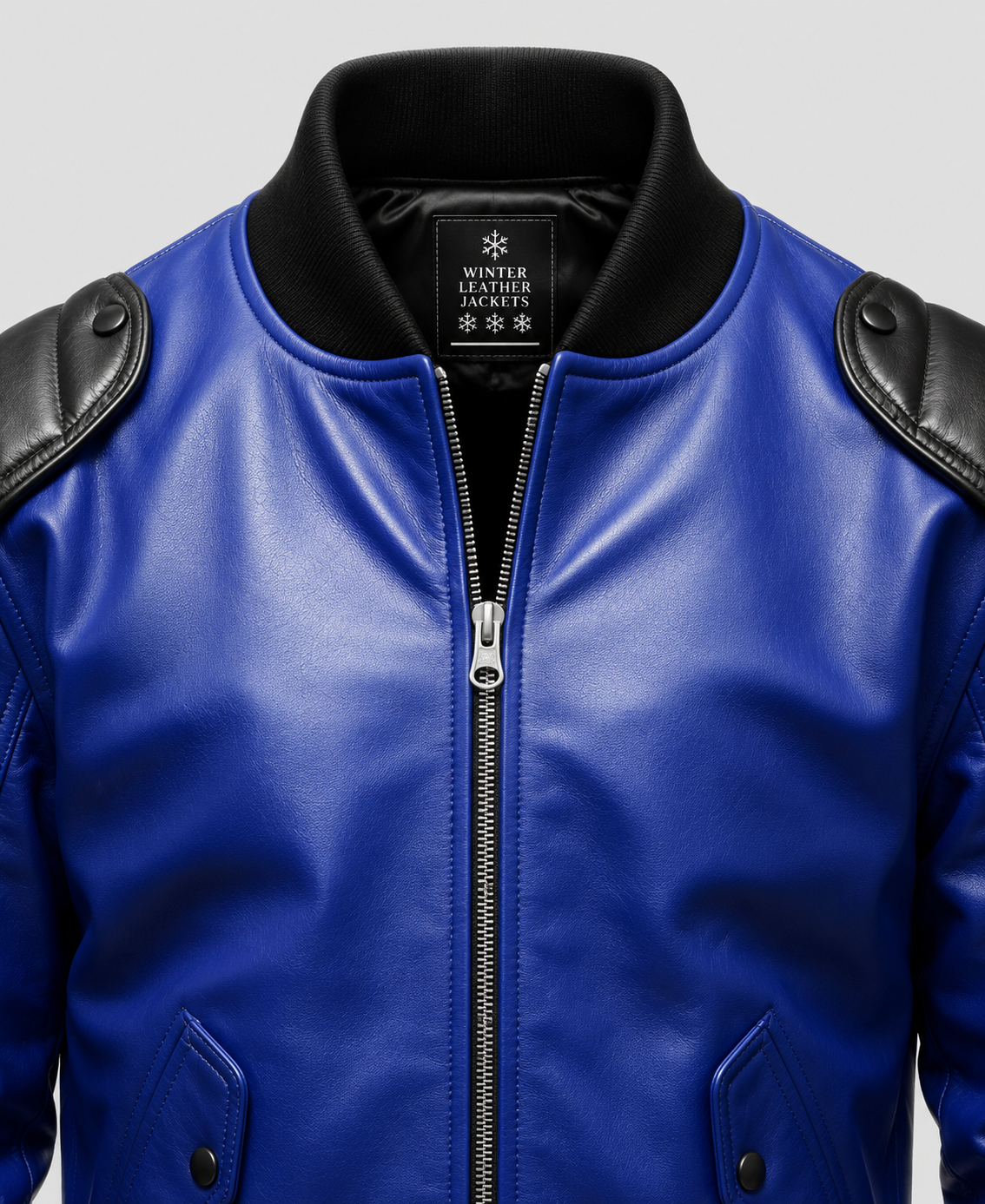 Blue Black Leather Bomber Jacket