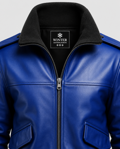 Blue Leather Bomber Jacket