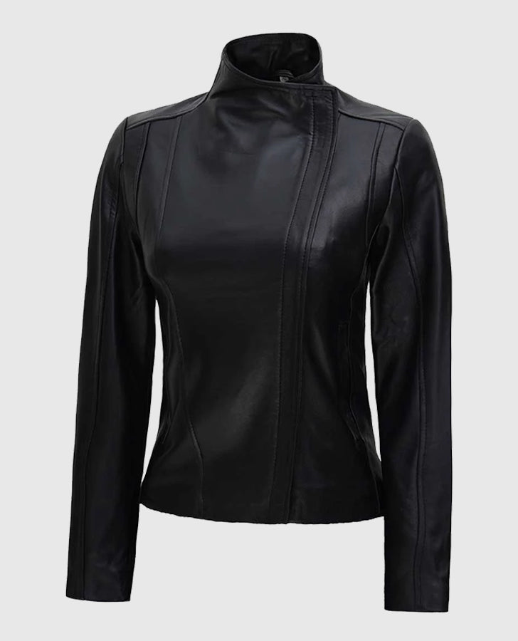 Womens-Arezzo-Black-Flap-Closure-Leather-Jacket