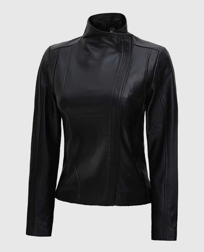 Womens-Arezzo-Black-Flap-Closure-Leather-Jacket