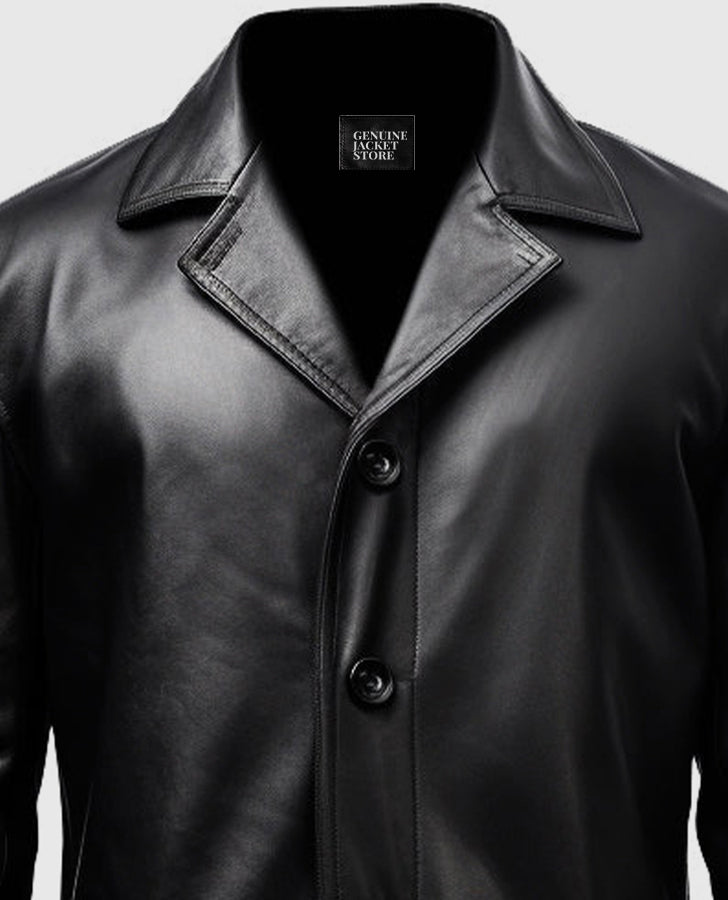 Men's Black Leather Car Style Coat
