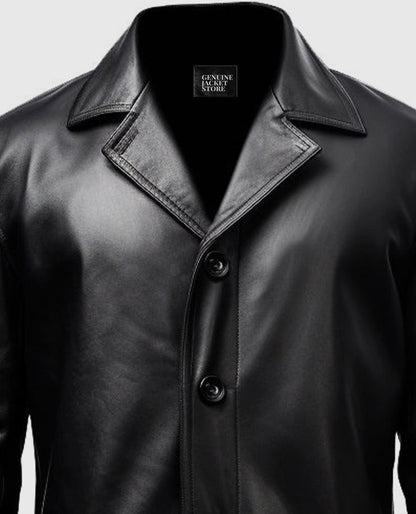 Men's Black Leather Car Style Coat