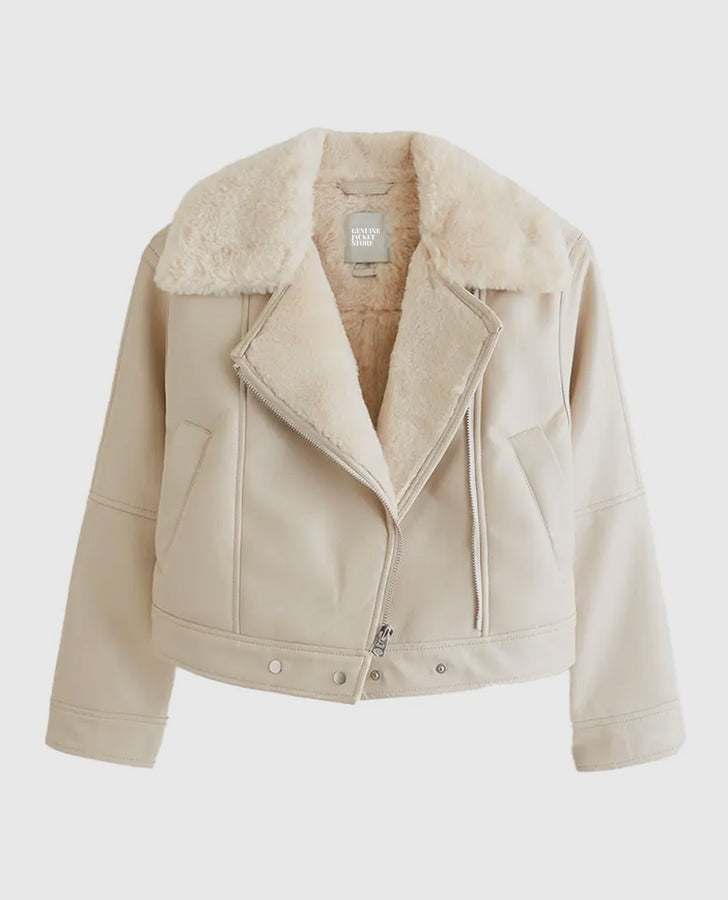 Women's White Shearling Leather Biker Jacket