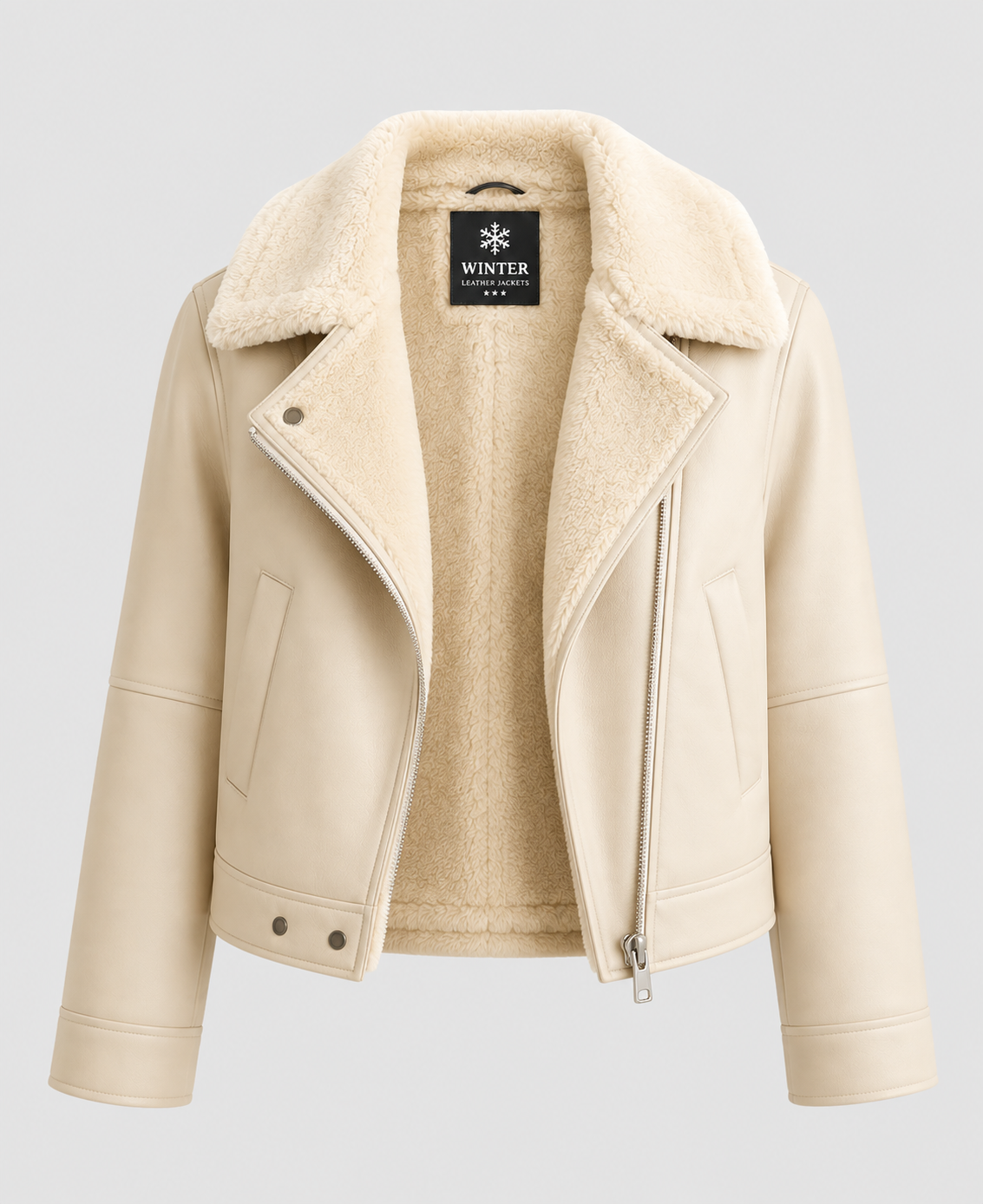 White Shearling Leather Biker Jacket for Women