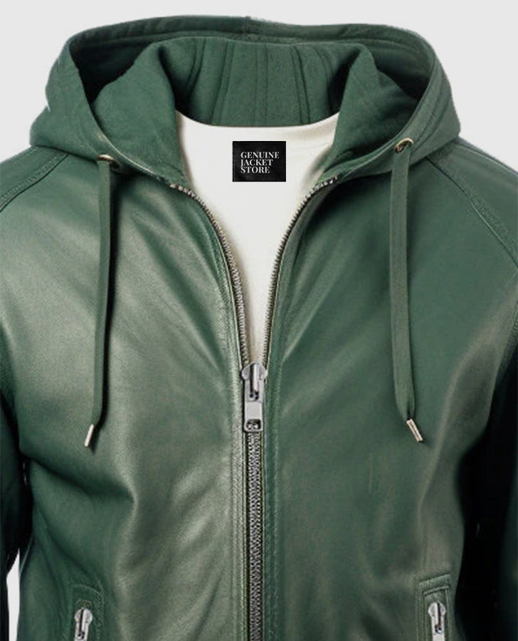 Men's Green Hooded Faux Leather Jacket
