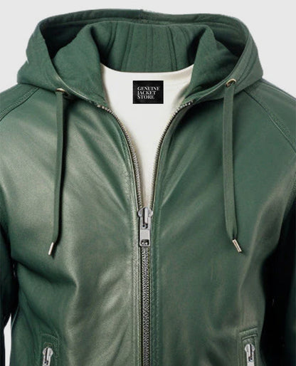 Men's Green Hooded Faux Leather Jacket