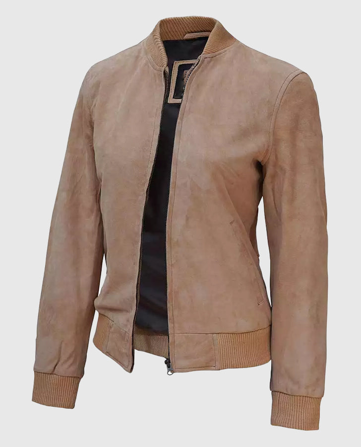 Women's Camel Brown Suede Bomber Jacket