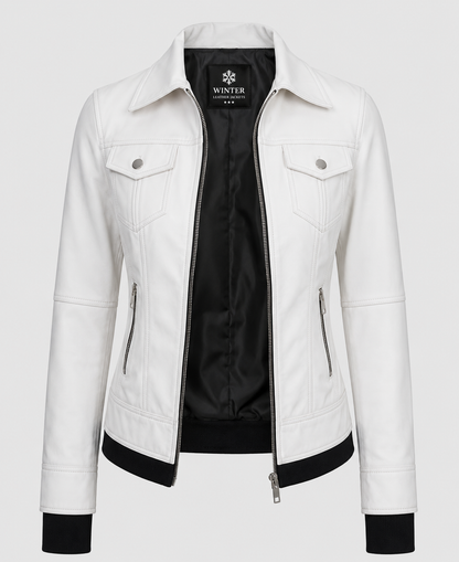 Women's White Bomber Leather Jacket