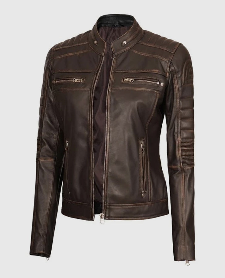 Women's Dark Brown Cafe Racer Biker Jacket