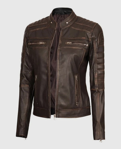 Women's Dark Brown Cafe Racer Biker Jacket