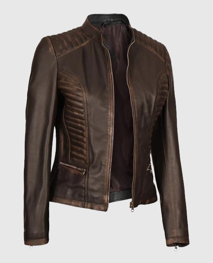 Women's Dark Brown Rub-off Cafe Racer Leather Jacket