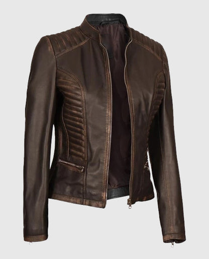 Women's Dark Brown Rub-off Cafe Racer Leather Jacket