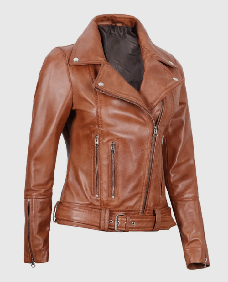 Women's Light Brown Leather Biker Jacket