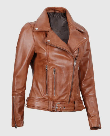 Women's Light Brown Leather Biker Jacket