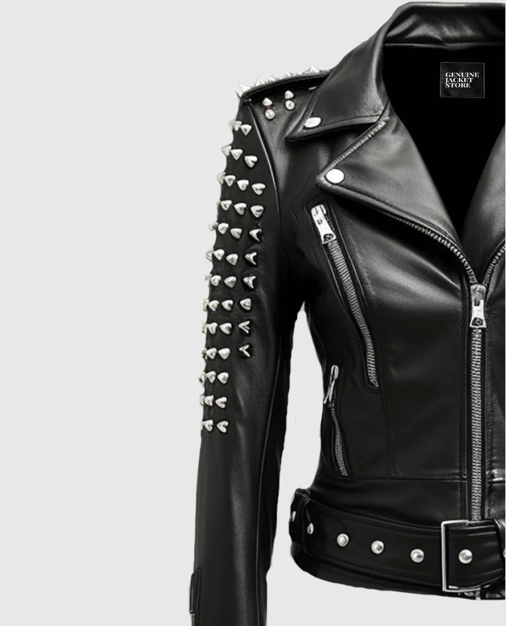 Women's Stud Biker Black Leather Jacket