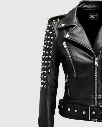 Women's Stud Biker Black Leather Jacket