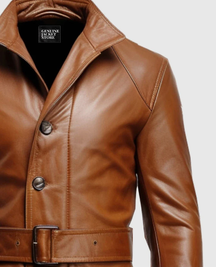 Men's Vintage Tan Brown Big Pockets Leather Coat