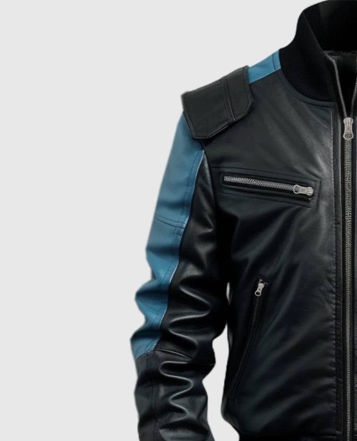 Men's Black Blue Leather Bomber Jacket