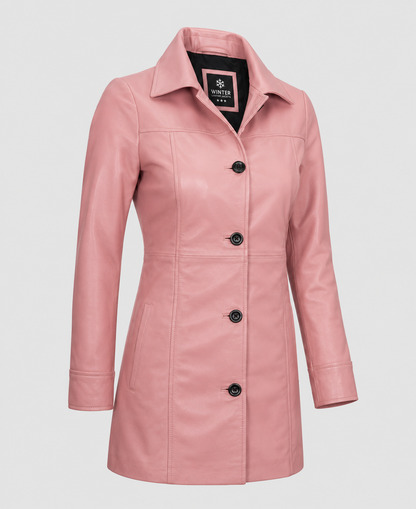 Womens Pink Mid Length Leather Coat