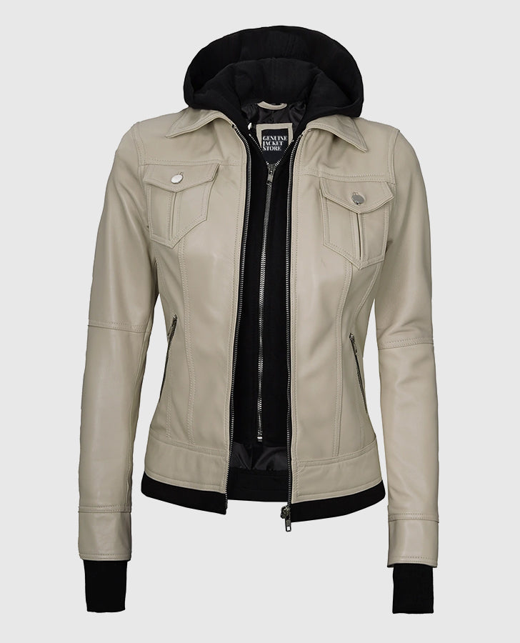 Womens-Beige-Bomber-Leather-Jacket-with-Hood
