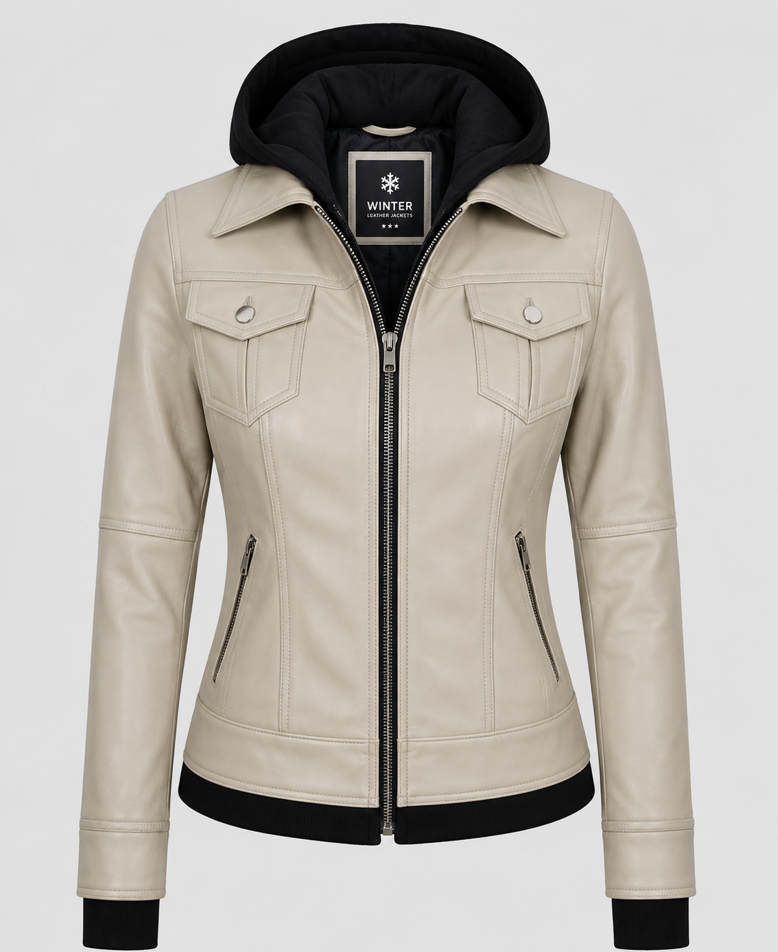 Beige Hooded Leather Bomber Jacket