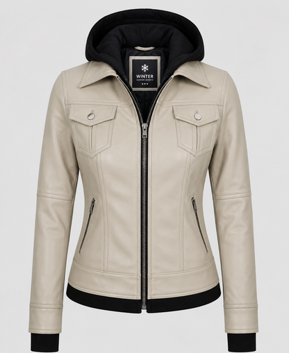 Beige Hooded Leather Bomber Jacket
