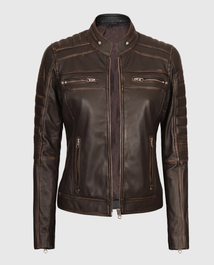 Women's Dark Brown Cafe Racer Biker Jacket