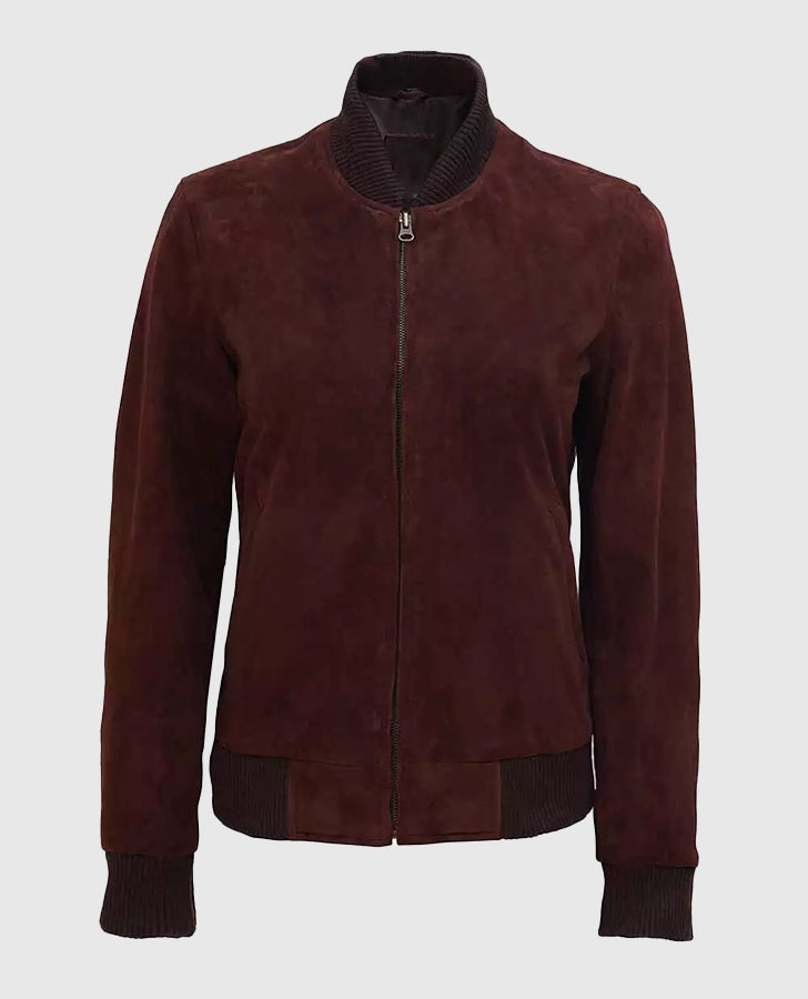 Women's Maroon Suede Leather Bomber Jacket