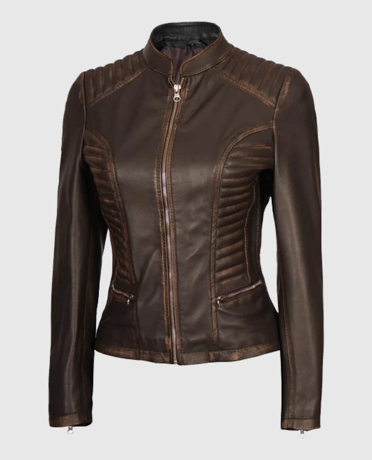 Women's Dark Brown Rub-off Cafe Racer Leather Jacket