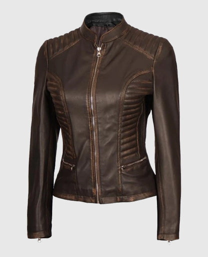 Women's Dark Brown Rub-off Cafe Racer Leather Jacket