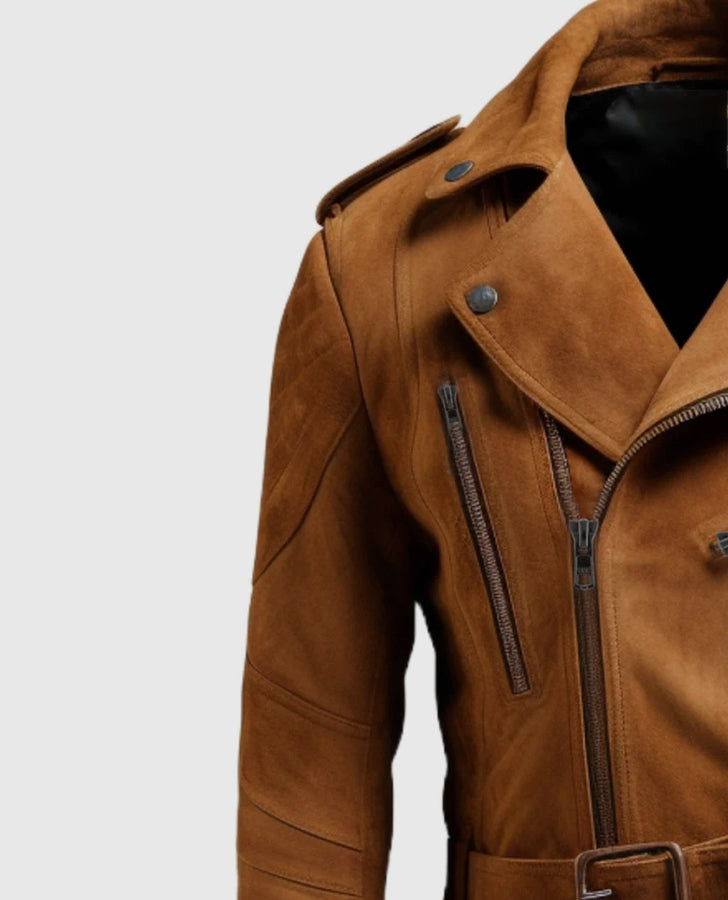 Men's Double Belted Suede Leather Biker Jacket