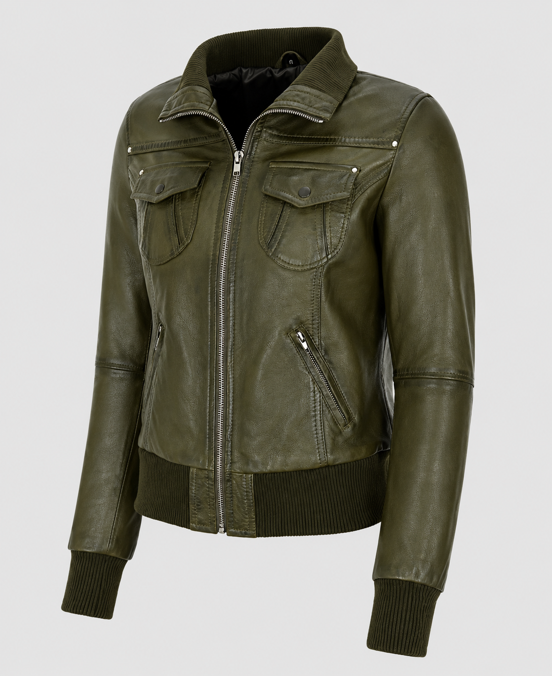 Womens Olive Green Aviator Bomber Leather Jacket