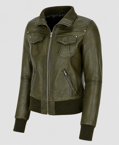 Womens Olive Green Aviator Bomber Leather Jacket