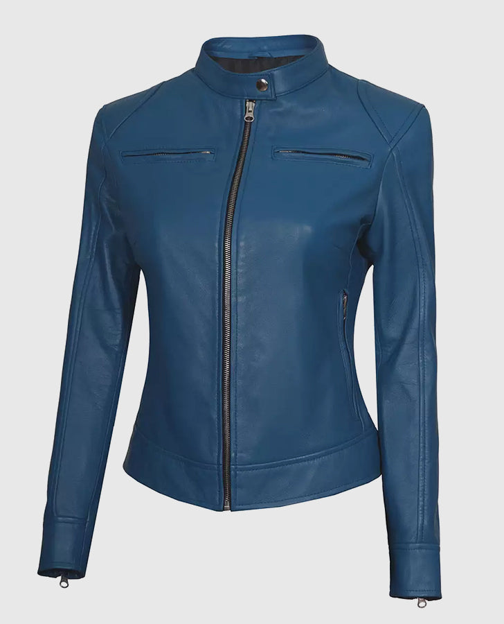 Women's Blue Cafe Racer Leather Jacket