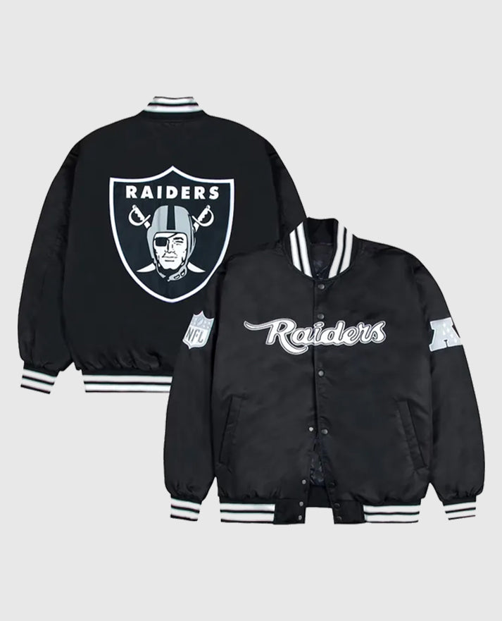 Las Vegas Raiders Gray and White Rib Bomber Black Jacket