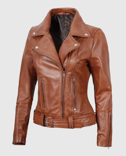 Women's Light Brown Leather Biker Jacket