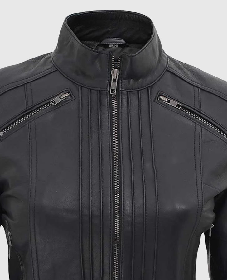 Women's Black Leather Cafe Racer Jacket