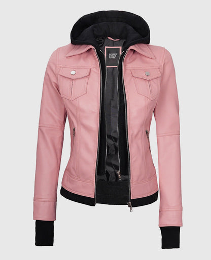 Womens-Pink-Bomber-Leather-Jacket-with-Hood